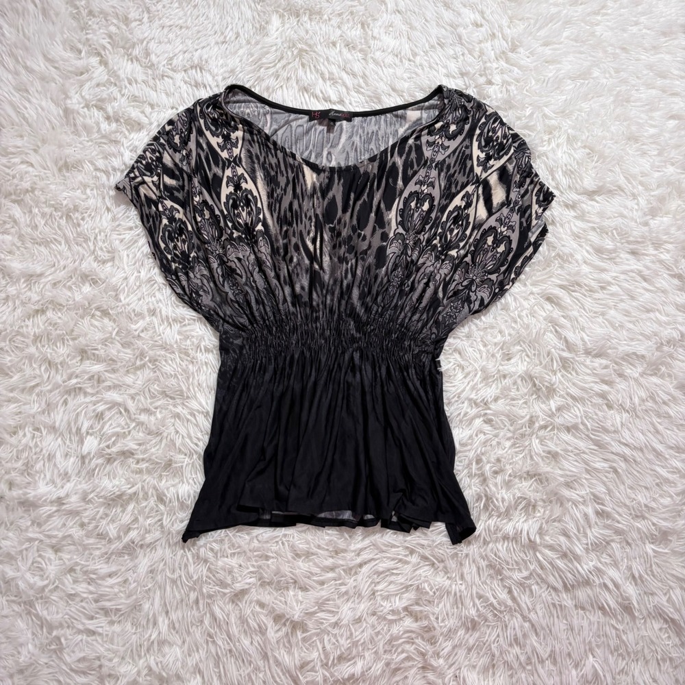 y2k black, gray, white animal print patterned bat sleeve slouchy top medium